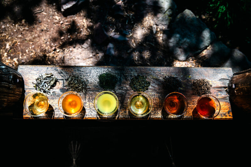 Verre de thé aux différentes saveurs et couleurs